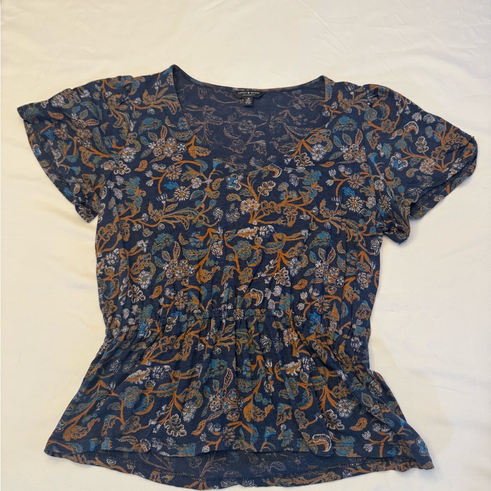 Lucky Brand Blue & Brown Floral Cottagecore Boho Blouse W Slimming Waist Size M